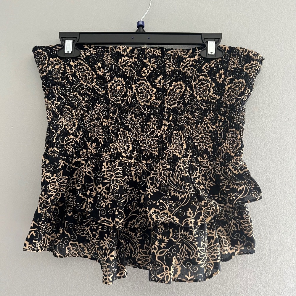Isabel Marant Etoile Black Tan Floral Smocked Ruffle Tube Top Size 38 US 6